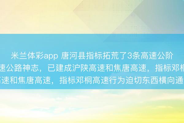 米兰体彩app 唐河县指标拓荒了3条高速公阶梯，酿成“两纵一横”高速公路神志，已建成沪陕高速和焦唐高速，指标邓桐高速行为迫切东西横向通谈